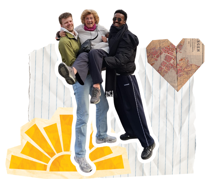 Jongeren tillen een senior op — lachen samen